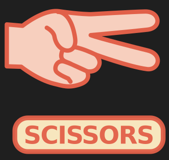 An image of a hand in a scissers pose with the word scissors underneath